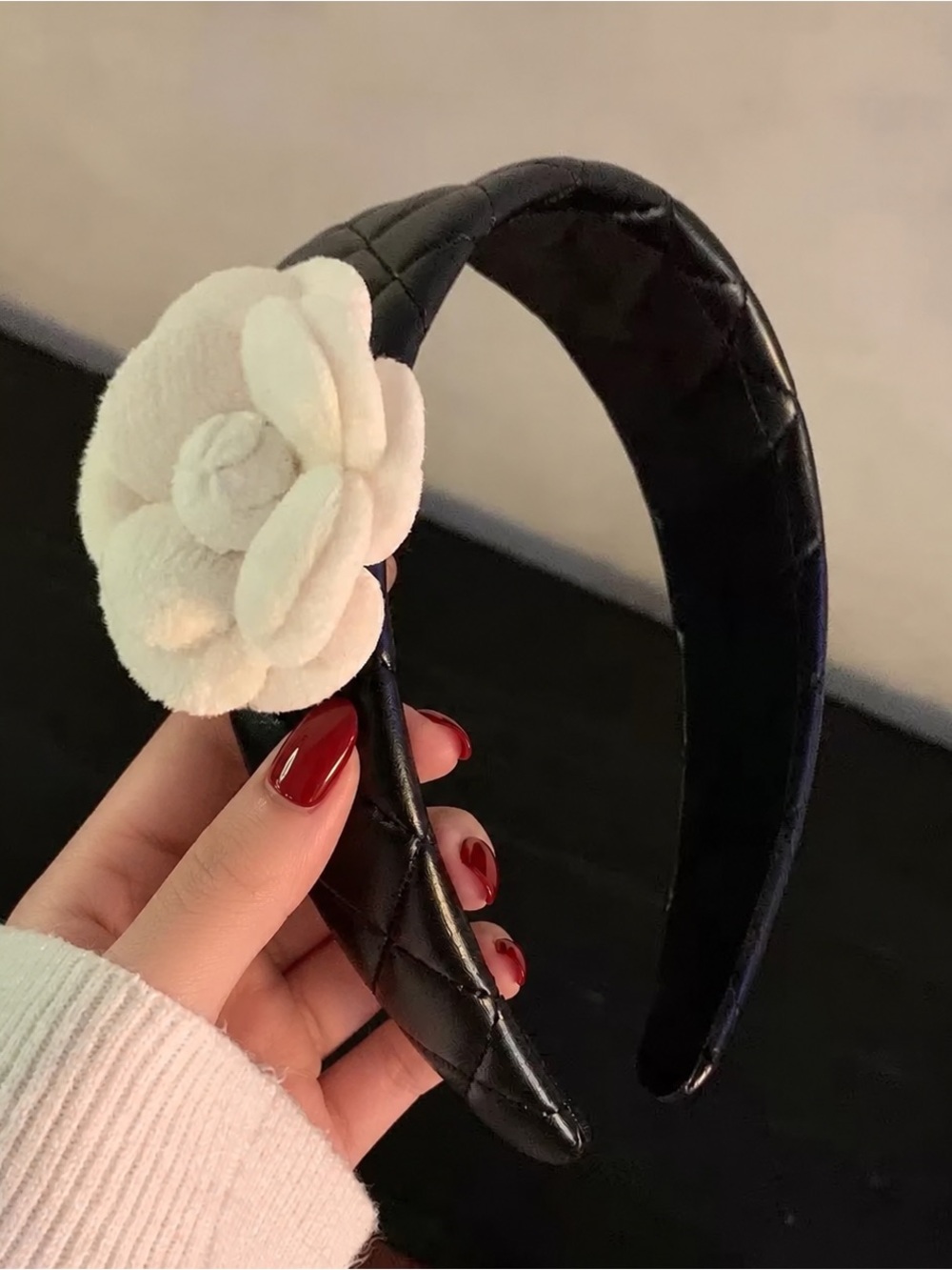 Chanel Style  Quilted Headband with White Flower Accent